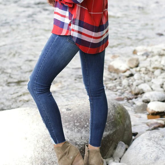 Distressed Mid-Rise Pull-On Denim (Washed Indigo) - Picture 2 of 12